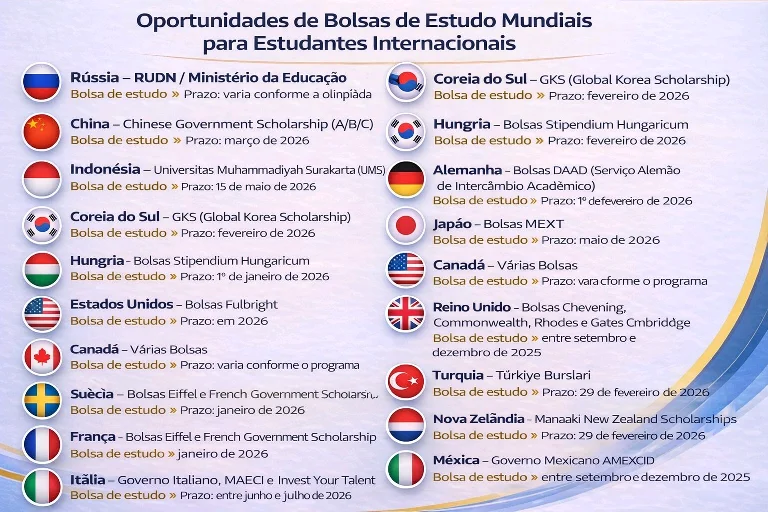 Bolsas de Estudo Internacionais 2026 | Oportunidades Globais